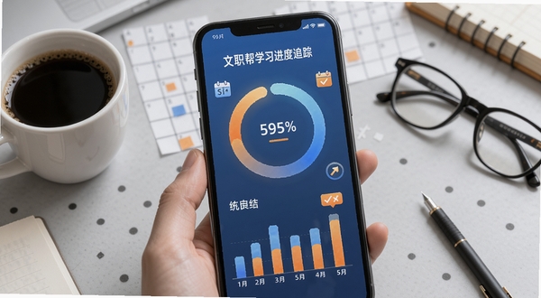 文职帮学习进度追踪页面,手机屏幕显示环形进度图和柱状统计图,图表颜色为渐变蓝色和橙色,周围有日历图标和打卡标记,背景为浅灰色学习桌面,桌上有一杯咖啡和一副眼镜,画面温馨且富有学习动力