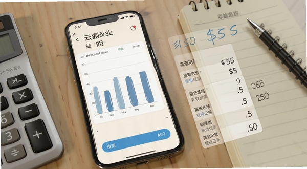 云副业收益明细页面手机截图风格,画面显示柱状图与提现记录列表,背景为柔和的米白色,手机旁放置着计算器与记事本,体现财务记录与收益追踪的实用场景