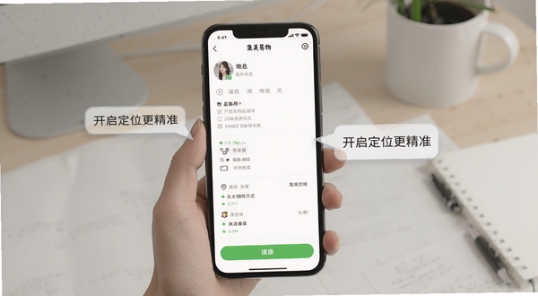 集美易物在手机上的操作界面截图,画面展示用户正在编辑物品信息并选择交换方式,手机旁边有提示气泡标注“开启定位更精准”,背景为简洁的书桌场景,风格写实且清晰