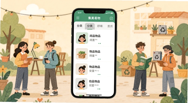 集美易物应用主界面展示,画面中央为手机屏幕内显示物品交换列表与分类导航栏,背景为浅暖色调的社区场景插画,突出闲置物品循环利用的环保氛围,整体风格扁平化且富有生活气息