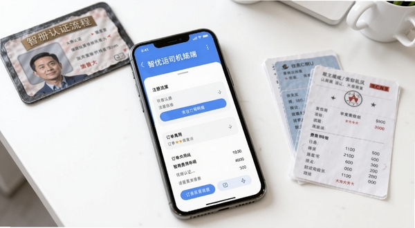 智优运司机端问答示意图,画面主体为手机屏幕显示注册认证流程和订单费用明细,背景为简洁的白色办公桌面,旁边放置驾驶证和行驶证,整体色调柔和,信息清晰可读,适配Boogu模型生成