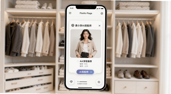 遇小测AI搭配师主界面展示,手机屏幕中央为智能穿搭推荐卡片,背景为浅色衣橱场景,画面简洁明亮,突出AI搭配师核心功能
