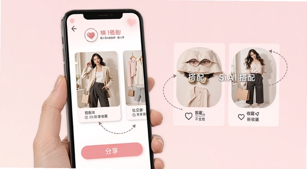遇小测AI搭配师搭配卡片分享界面,手机屏幕展示精美搭配卡片与分享按钮,背景为浅粉色渐变,突出社交分享与收藏功能