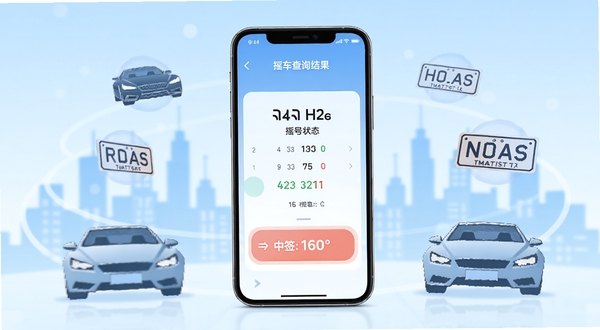 小汽车摇号软件主界面展示,手机屏幕中央显示摇号查询结果页面,背景为浅蓝色渐变城市天际线,画面主体为一部竖屏智能手机,屏幕内容清晰展示摇号状态和中签结果,周围环绕汽车轮廓和车牌图标装饰元素,整体风格简洁清新,适配Boogu模型生成