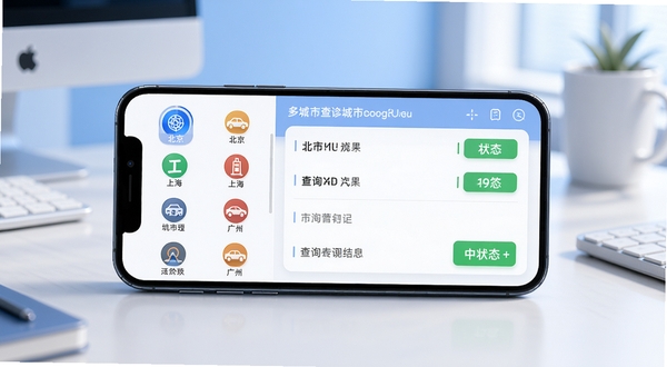 小汽车摇号多城市查询功能界面,手机屏幕展示城市选择列表和查询结果,画面主体为手机横屏放置,屏幕左侧显示北京、上海、广州等城市图标,右侧显示查询结果和中签状态,背景为柔和的蓝白色调办公桌面,适合Boogu模型生成
