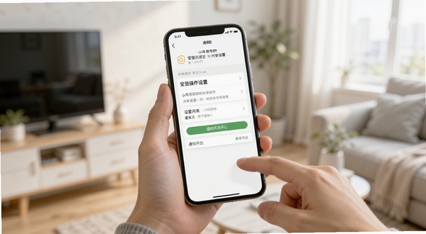 小汽车摇号软件安装设置操作示意图,手机屏幕展示权限设置页面和通知开启界面,画面主体为双手持手机操作的特写镜头,屏幕内容清晰展示设置选项,背景为简洁的室内环境,光线柔和明亮,适合Boogu模型生成