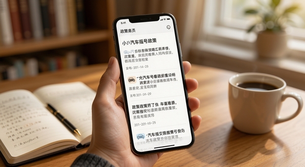 小汽车摇号政策资讯页面展示,手机屏幕显示政策解读文章列表,画面主体为手持手机的特写,屏幕内清晰可见政策标题和发布日期,背景为温馨的书房环境,桌面有笔记本和咖啡杯,整体氛围适合阅读场景,适配Boogu模型生成