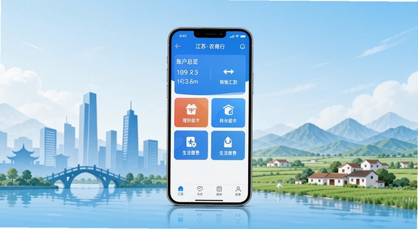江苏农商行移动端应用主界面全貌展示,画面中央放置一部智能手机,屏幕显示蓝色主色调的金融应用首页,包含账户总览、转账汇款、理财超市、生活缴费等图标模块,背景为江苏地区城市与乡村融合的抽象剪影,画面明亮简洁,突出安全与便捷的视觉感受,Boogu模型生成,高清细节