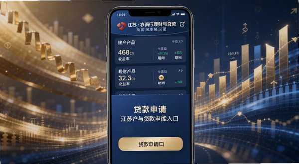 江苏农商行理财与贷款功能展示图,手机屏幕上半部分为理财产品列表,标注收益率与期限,下半部分为贷款申请入口,背景为抽象的金色与蓝色金融元素,整体风格专业稳重,Boogu模型生成