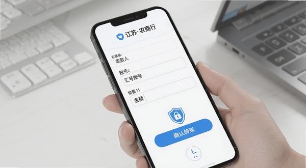 江苏农商行转账汇款操作界面示意图,手机屏幕显示转账表单,包含收款人姓名、账号、金额输入框,下方有确认转账按钮与安全盾牌图标,背景为简洁的白色与蓝色搭配,突出安全与便捷,Boogu模型生成