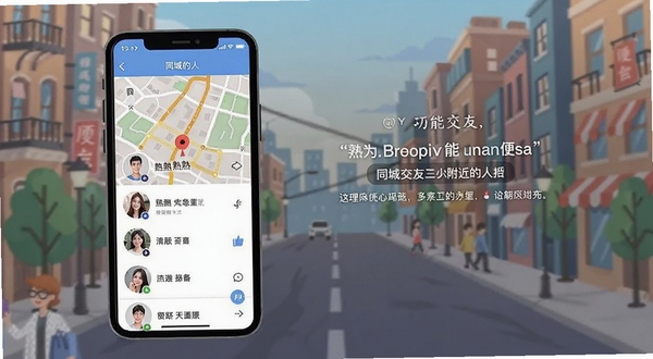 熟了附近的人功能界面,手机屏幕显示地图和用户头像列表,背景是城市街景插画,突出同城交友的便利性