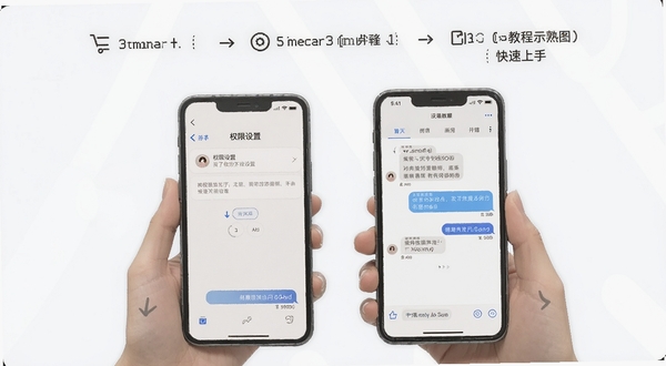 熟了使用教程示意图,手机屏幕显示权限设置和聊天界面,背景为简洁的步骤指引,帮助新手快速上手
