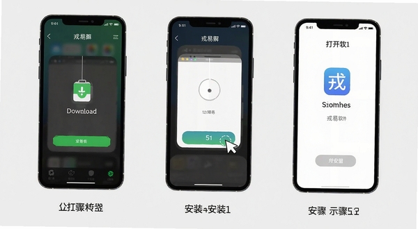 戎易软件在手机上的安装步骤示意图,画面展示手机屏幕从下载完成到点击安装再到打开应用的三个连续画面,背景为浅灰色,风格简洁明快,适合教程配图
