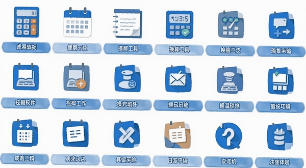 戎易软件功能图标集合展示图,画面以网格形式排列多个扁平化图标,包括计算器、日历、便签、换算工具等,每个图标下方有中文标签,整体色调为蓝白搭配,背景干净简洁,突出工具集合的丰富性