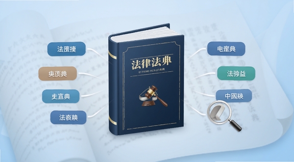 法律法规汇编应用主界面展示,画面中央竖直排列着一本翻开的电子法典,周围环绕着分类标签与搜索放大镜图标,背景为浅蓝色渐变书卷纹理,整体风格简洁商务,突出法律查询的便捷感