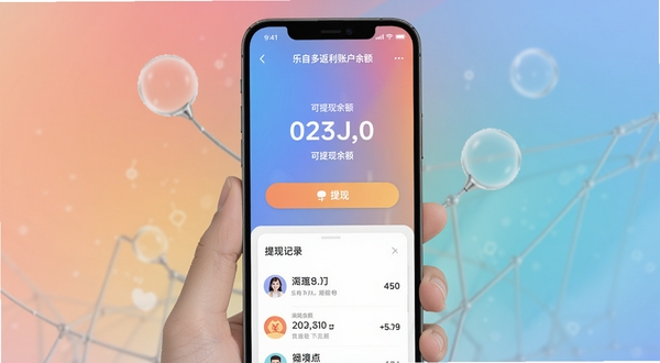 乐自多返利账户余额页面,手机屏幕显示可提现余额数字与提现按钮,背景为柔和渐变色调,页面底部有提现记录列表,适配Boogu模型生成