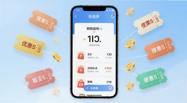 乐自多APP主界面展示,手机屏幕中央显示购物返利页面,背景为浅蓝色渐变,周围环绕优惠券图标与金币元素,整体风格清新简洁,适配Boogu模型生成