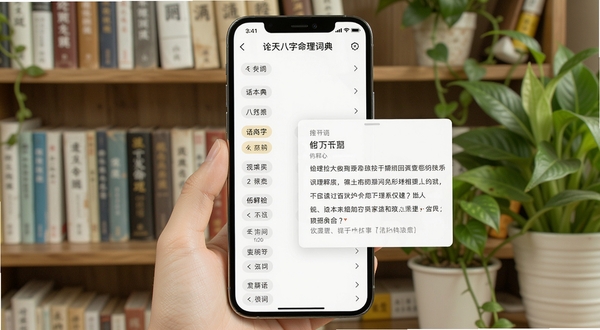 诠天八字命理词典界面,手机屏幕显示术语列表与释义弹窗,背景为书架与绿植,营造学习阅读氛围,画面明亮清新