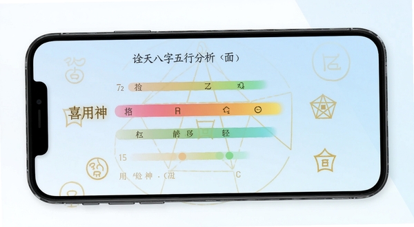 诠天八字五行分析页面,手机屏幕展示五行能量条与喜用神标注,背景为淡蓝色渐变,点缀金色五行符号,整体风格简约现代,突出数据可视化效果
