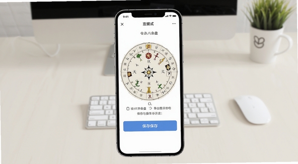 诠天八字命盘保存与分享操作示意图,手机屏幕展示保存按钮与导出图片选项,背景为简洁的桌面环境,画面清晰直观