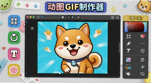 动图GIF制作器GIF编辑美化功能展示,画面中央为一只卡通柴犬的GIF动图正在被编辑,周围分布裁剪、旋转、文字、贴纸、滤镜等工具图标,编辑面板色彩丰富活泼,背景为浅灰色工作台风格,顶部显示动图GIF制作器文字标识