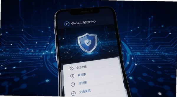 全球主角 安全中心页面,盾牌图标居中,手机界面显示权限管理列表,背景为深蓝色调,科技感强