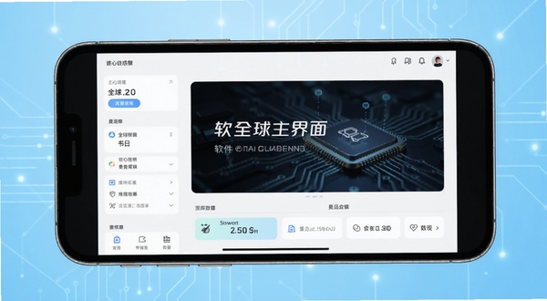 全球主角 软件主界面展示,手机屏幕居中,背景为浅蓝色渐变科技感氛围,界面元素清晰可见,整体风格简洁现代