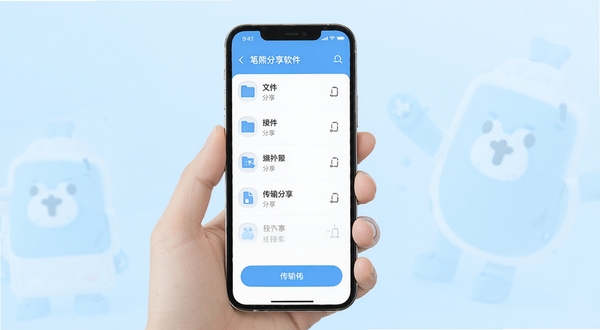 笔熊分享软件主界面展示,画面中央为手机屏幕,屏幕内呈现简洁的文件分享列表与传输按钮,背景为柔和的浅蓝色渐变,整体风格清新明快,突出便捷分享的核心功能