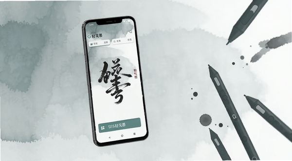 画面主体为一部竖屏安卓手机悬浮在画面中央偏左位置,屏幕内显示轻笺墨应用界面,背景为淡雅水墨晕染的浅灰色纹理区域,画面右侧散落几支极简风格的电子笔触与墨点装饰,整体色调以青灰与素白为主,突出轻笺墨的纯净书写氛围,适配Boogu模型生成
