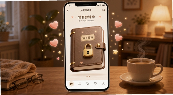 一款名为情有独钟的安卓应用界面,展示加密日记本功能,画面中央是一本带有金色锁扣的精致电子日记本,周围漂浮着爱心、星星和柔和的光点,背景是温馨的暖色调房间,书桌上放着一杯热咖啡,整体氛围安静而私密,UI设计简洁优雅,符合移动端应用展示风格