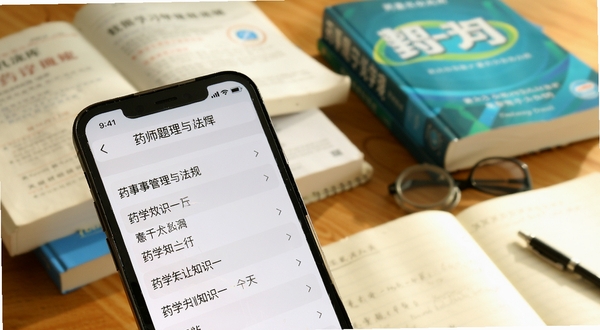 药师题库帮题库分类页面特写,画面主体为手机屏幕中显示的药事管理与法规、药学专业知识一等科目列表,背景区域放置散落的教材与笔记本,色调温暖明亮,体现学习氛围,适配Boogu模型生成