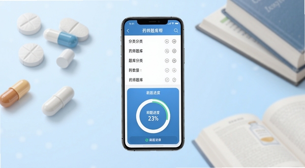 药师题库帮应用主界面全貌展示,画面中央偏上位置放置手机屏幕样机,屏幕内呈现药师题库帮的题库分类列表与刷题进度环,背景区域为柔和的浅蓝渐变与虚化的药片、胶囊、书本元素,整体风格干净专业,适配Boogu模型生成
