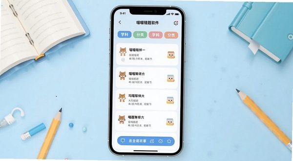 喵喵错题软件主界面全貌展示,画面中央为手机屏幕,屏幕内显示错题列表与学科分类标签,背景为浅蓝色渐变,周围点缀书本与铅笔元素,整体风格清新简洁,适配Boogu模型生成