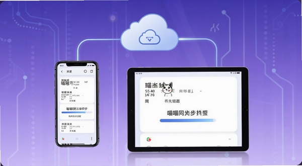 喵喵错题云端同步功能示意图,画面中央为手机与平板电脑通过云朵图标连接,屏幕内显示错题数据同步进度条,背景为淡紫色科技感渐变,风格简约现代