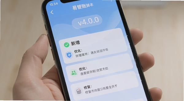 易管账版本更新日志界面展示,手机屏幕显示更新列表,上方有版本号v4.0.0标识,下方分条列出新增、优化、修复内容,背景为淡蓝色渐变,界面干净整洁,突出版本迭代的正式感,适配Boogu模型生成