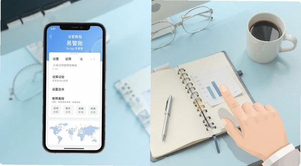 易管账使用教程示意图,画面分为左右两部分,左侧为手机屏幕显示设置菜单,右侧为手指操作示意,背景为浅蓝色办公桌面,桌面上放置笔记本与咖啡杯,整体氛围轻松实用,适配Boogu模型生成