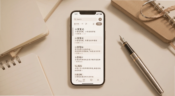 小筑笔记软件主界面全貌,画面中央展示竖屏手机屏幕,屏幕内为浅色系笔记列表界面,顶部为搜索框与新建按钮,背景为柔和的米白色书桌桌面,桌面散落几本笔记本与一支钢笔,整体色调温暖清新,适配Boogu模型生成