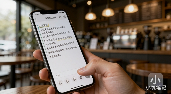 小筑笔记软件快速记录功能展示图,画面主体为手持手机进行文字输入的特写,屏幕显示正在编辑的笔记内容,背景为虚化的咖啡厅环境,暖色灯光,画面右下角有小筑笔记软件的水印字样,整体风格生活化、真实感强