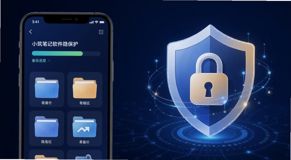 小筑笔记软件数据备份与隐私保护示意图,画面左侧为手机屏幕显示备份进度条与文件夹图标,右侧为盾牌与锁的抽象图形,背景为深蓝色科技感渐变,整体传达安全可靠的视觉感受,包含小筑笔记软件字样