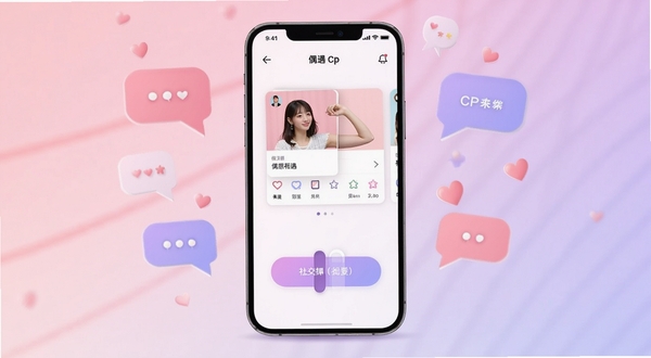 偶遇CP软件主界面展示,画面中央为手机屏幕,屏幕内呈现用户卡片与滑动匹配按钮,背景为柔和的渐变粉色与浅紫色调,周围点缀抽象的聊天气泡与爱心元素,整体风格清新现代,适配社交类应用宣传场景