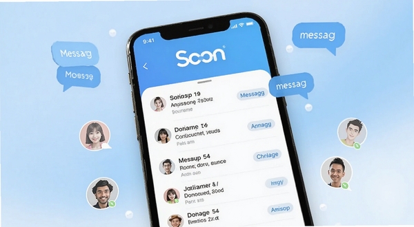 Soon软件主界面展示,手机屏幕中央是清爽的聊天列表,顶部有Soon品牌标识,背景为柔和的蓝白渐变,周围点缀消息气泡和好友头像,整体风格现代简洁,适合软件下载站配图