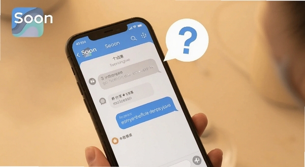Soon软件用户问答场景图,手机屏幕显示问答界面和聊天窗口,背景为柔和暖色调,画面中有Soon标识和问号气泡元素,风格亲切自然