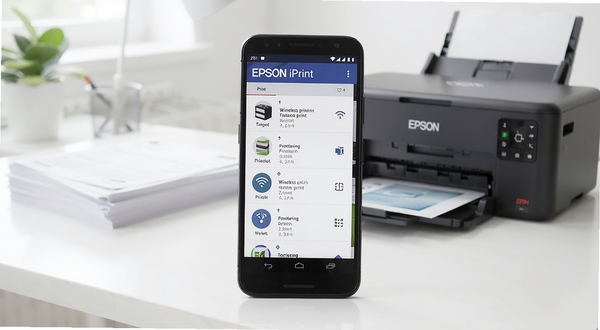 ������Epson iPrintӦ��������չʾ����������λ��Ϊһ����׿�ֻ���Ļ����Ļ����ʾ��ӡ�����б��빦��ͼ�꣬��������Ϊ�����ִ��칫���棬�����Ϸ���һ̨��������ī��ӡ����һ��ֽ�ţ�����ɫ���������£�ͻ�����ߴ�ӡ�ı�ݸ�