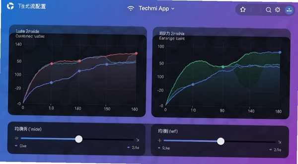 Techmi App 个性化听力配置页面,展示左右耳听力曲线图与均衡器滑块,色彩以蓝紫渐变为主,界面专业且易懂