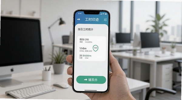 工时印迹一键打卡功能界面,手机屏幕显示打卡按钮和当日工时统计,背景为办公室环境,画面简洁现代,适配Boogu模型生成