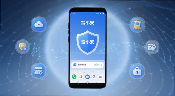 软件核心全貌概览图,画面主体为一部竖屏安卓手机位于画面正中央,屏幕内显示雷小安App的盾牌形安全防护主界面,背景区域为柔和的浅蓝色渐变光晕与抽象的数据流线条,四周环绕着代表安全与清理的图标元素,整体风格简洁科技感,适配Boogu模型生成。