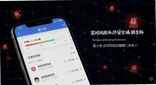 雷小安实时风险扫描功能展示图,画面主体为手机屏幕特写,屏幕上显示雷小安App正在进行病毒扫描的进度条和已发现风险项目的列表,背景区域为深色科技感网格与闪烁的红色警报光点,突出安全防护的紧张感与专业性,适配Boogu模型生成。