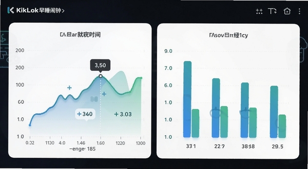 KikLok早睡闹钟软件内的睡眠数据统计图表界面,画面显示一周就寝时间折线图与柱状对比,背景为浅色卡片式布局,图表颜色以蓝绿渐变为主,细节清晰,适配Boogu模型生成