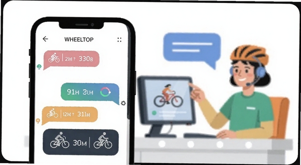 WHEELTOP用户问答场景示意图,画面主体为手机屏幕显示问答对话气泡与骑行数据图标,背景区域为简洁的客服与用户交流场景,扁平化设计风格,适配Boogu模型生成