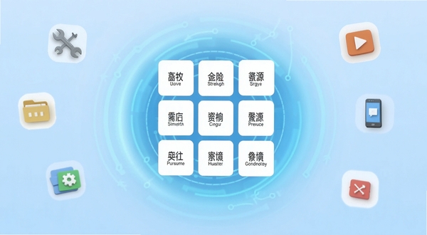 老牧师盒子主界面功能模块卡片布局展示,画面中央是干净的资源分类宫格,背景是浅蓝色渐变科技感光晕,四周悬浮着扳手、文件夹、播放键等小图标,整体风格简洁明快,适配安卓手机屏幕比例
